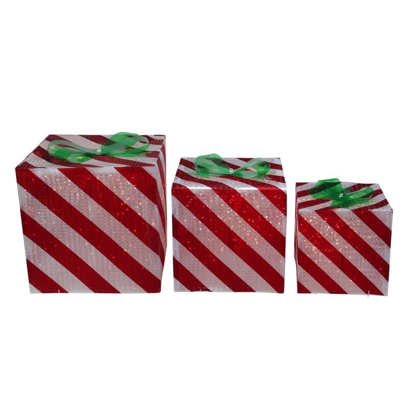 Lighted Candy Cane Striped Gift Box Outdoor Christmas Decoration - 12" - Red and White - Set of 3