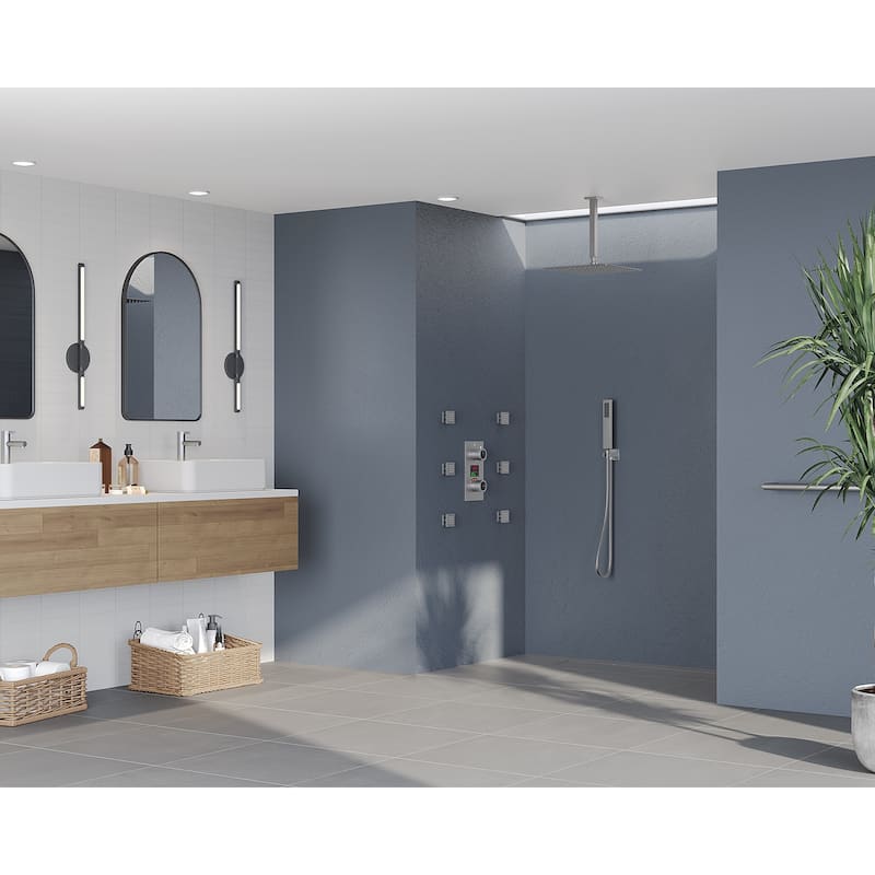 GRANDJOY Thermostatic Shower System Rainfall 12" Ceiling Mount Shower Faucet Digital Display Body Jets Handheld Shower Head