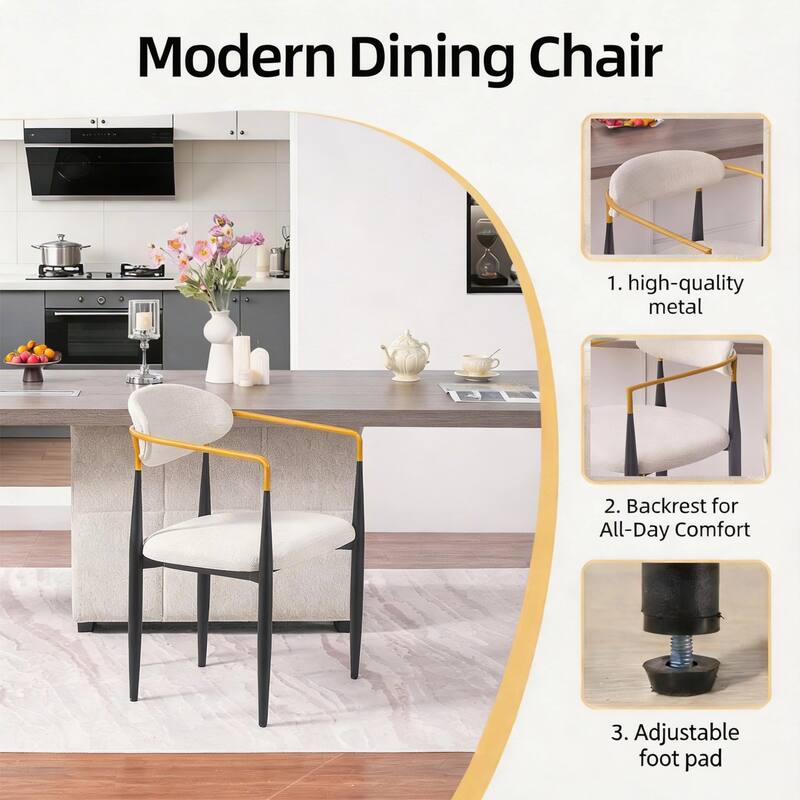 Modern Upholstered Dining Chair with Gold-Accented Armrests - 22"W x 21"D x 30"H, Ergonomic Design for Dining Room,2PCS/CTN
