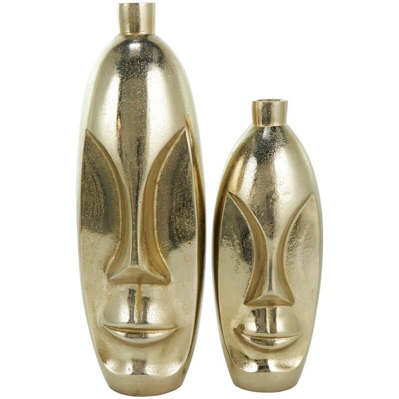 Gold Aluminum Metal Face Decorative Vase with Abstract Details (Set of 2)