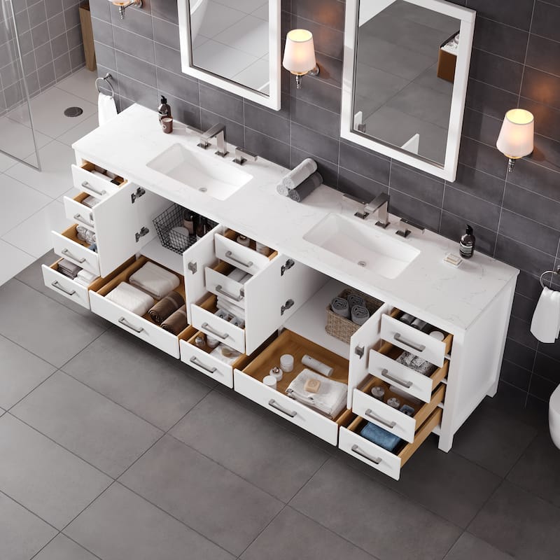 Aberdeen 96 in. White Double Sink Bath Vanity with Carrara Quartz Top and Undermount Porcelain Sinks - 96"