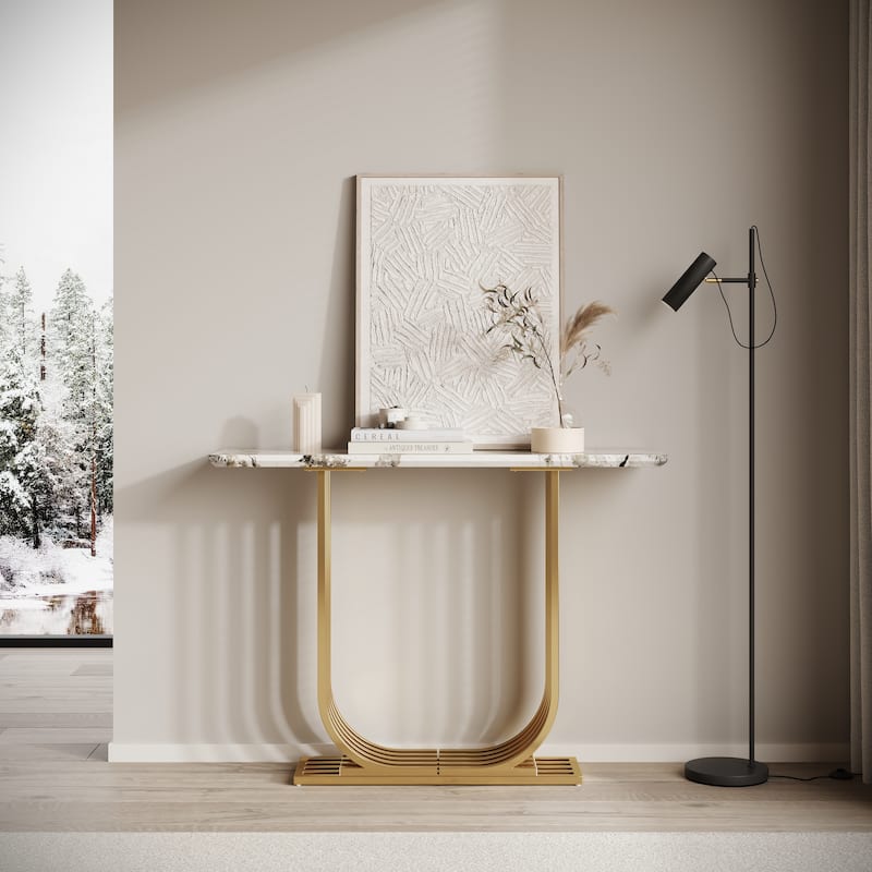43.3-inch Accent Table, Modern wooden imitation marble counter top Console Table, Narrow type, sofa, Living room