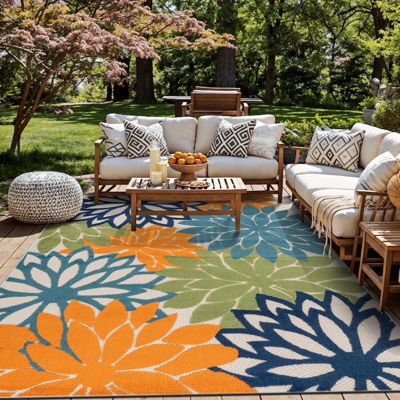 World Rug Gallery Indoor/Outdoor High-Low Textured Area Rug, Floral Easy-Clean Patio Rug - 7'10" x 10' - Multi