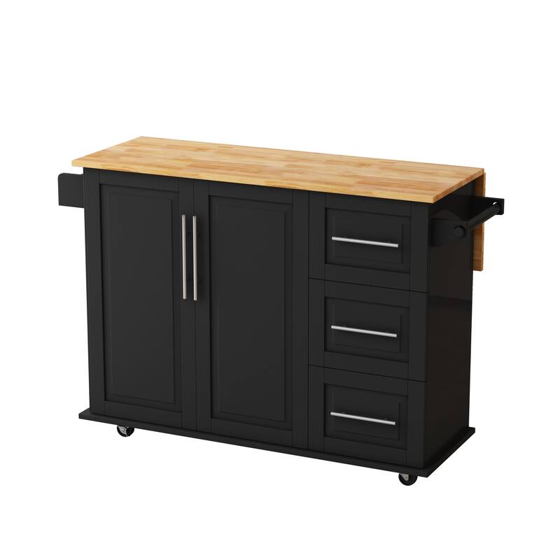Rolling Kitchen Island Cart with Expandable Solid Wood Top, 2 Door Cabinet, 3 Drawers, Spice & Towel Rack for Kitchen Storage