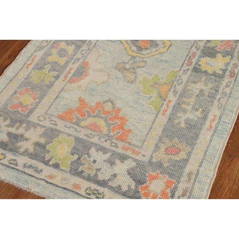 Hand Knotted Oriental 100% Wool Carpet Transitional Floral Navy Blue & Blues Oushak Runner Rug - 10' 9'' X 2' 11''
