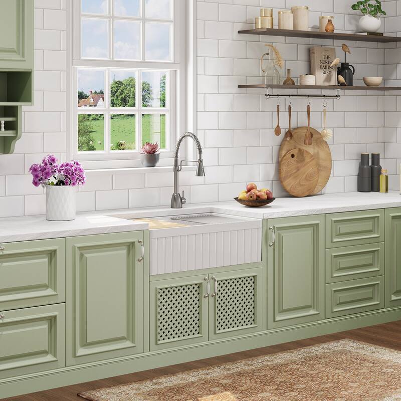 HOROW 33 in. Farmhouse/Apron-Front 50/50 Double Bowl White Fireclay Kitchen Sink with Workstation,Cutting Board,Grid, Strainer