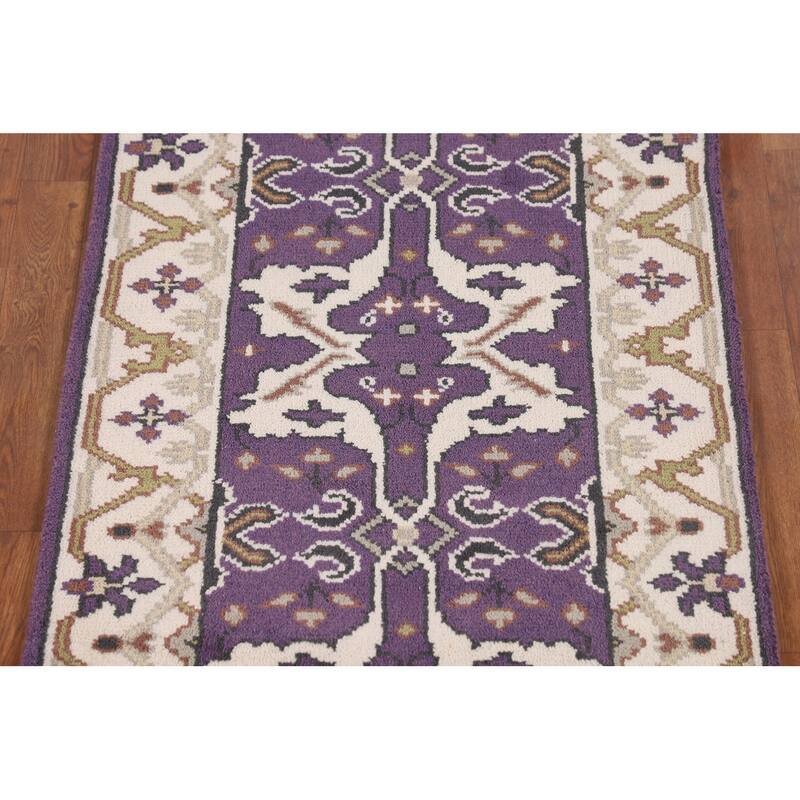 Purple Oushak Oriental Runner Rug Hand-Knotted Floral Wool Carpet - 2'6"x 9'9"