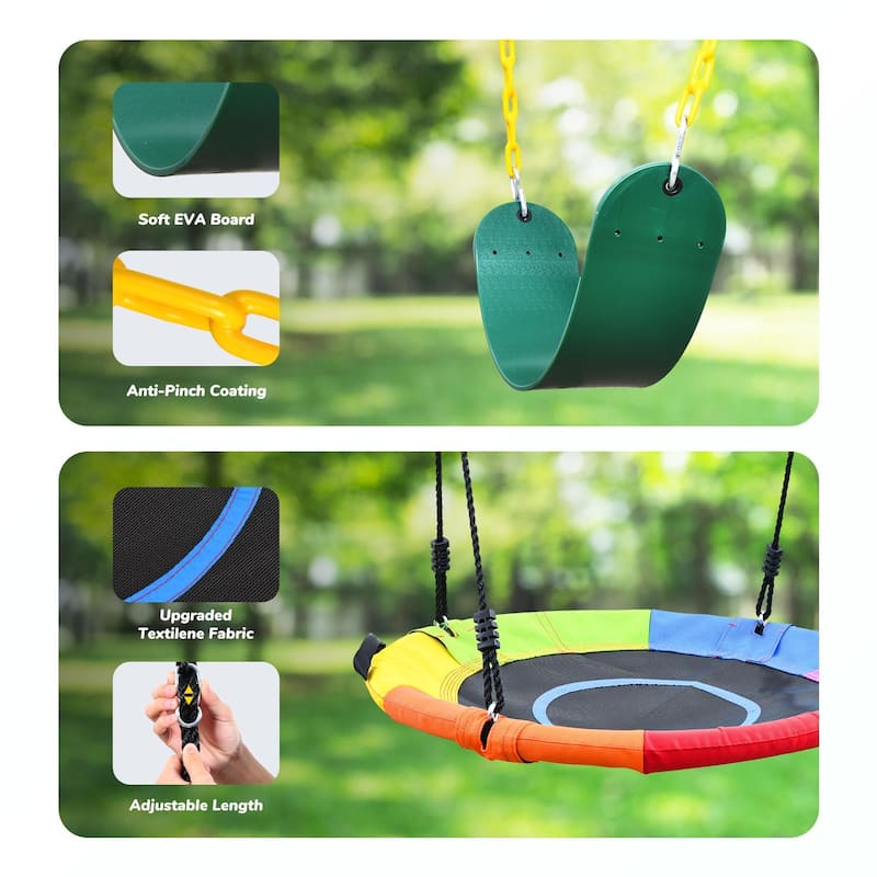 440lbs 2 Seat Swing Set for Backyard, 1 Saucer Swing Seat and 1 Belt Swing Seat with Heavy Duty A-Frame Metal Swing Stand