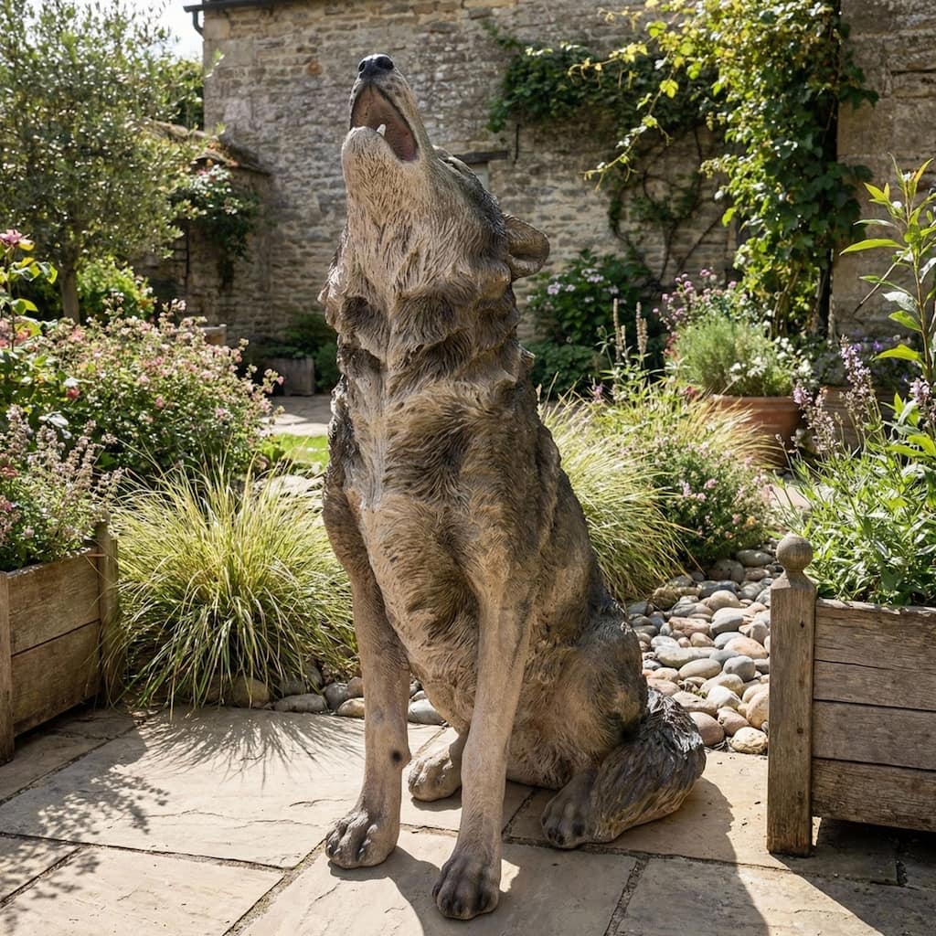 29.72" H x 17.91" L Simulated Howling Wolf Garden Statue, Resin Indoor & Outdoor Courtyard Ornament, Art Craft Decoration