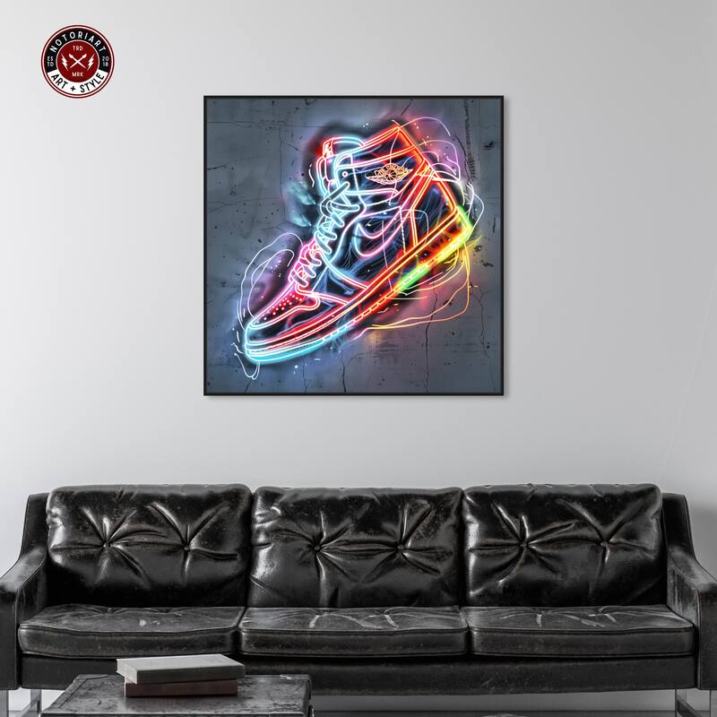 Notoriart Colorful Light Up Neon Sneaker Framed Sneaker 1 Piece Canvas Wall Art