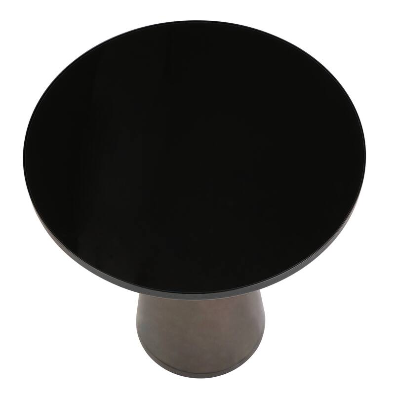 19-Inch Side Table Round Glass/Stone Tabletop End Table with Black Iron Rim and Glass Base