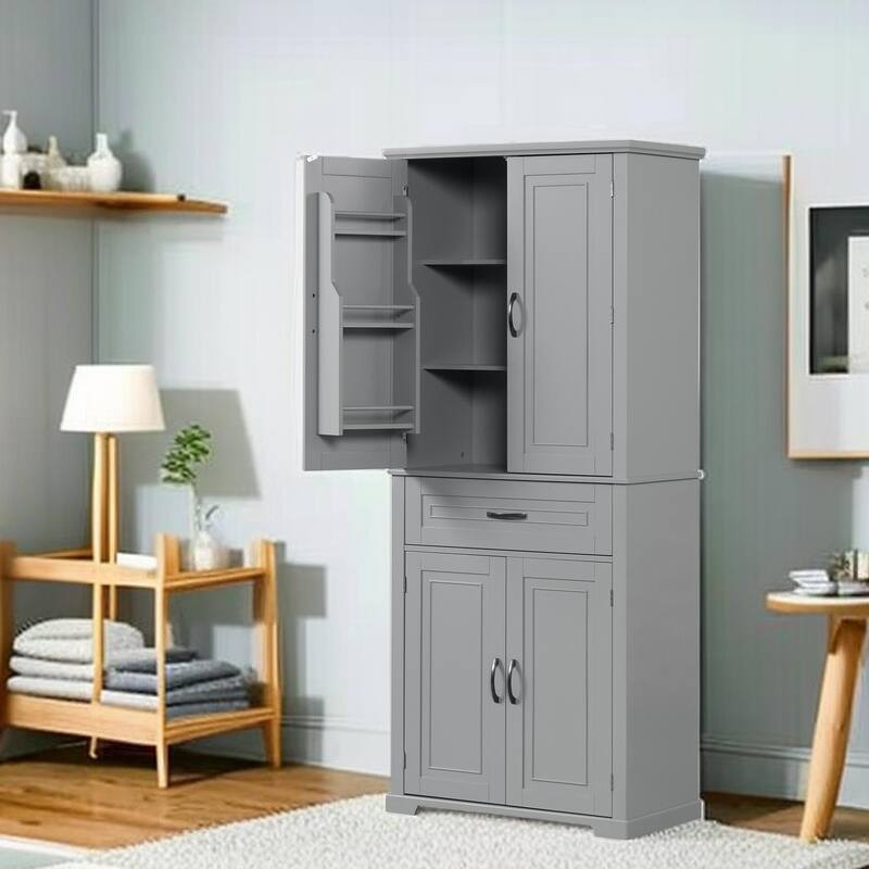 Bathroom Floor Cabinet Storage Organizer Free-Standing - Grey - Wood Finish