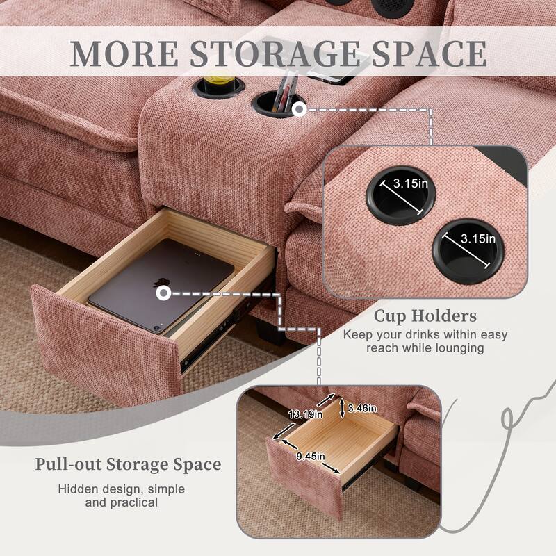 6-seat Chenille Upholstered Modern U-shaped Sectional Multifunctional Sofa with 2 Cup Holders,Pull-out Storage Space