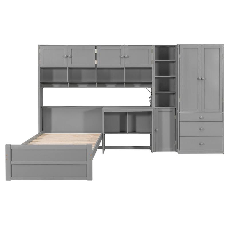 Twin Size Wood Platform Bed with Built-in Desk, Wardrobe, Cabinets & Drawers