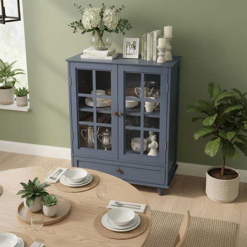 Homy Casa Minimalist Buffet Cabinet with Glass Doors & Drawer, Storage Sideboard, Kitchen Living & Dining Room Hallway Entryway