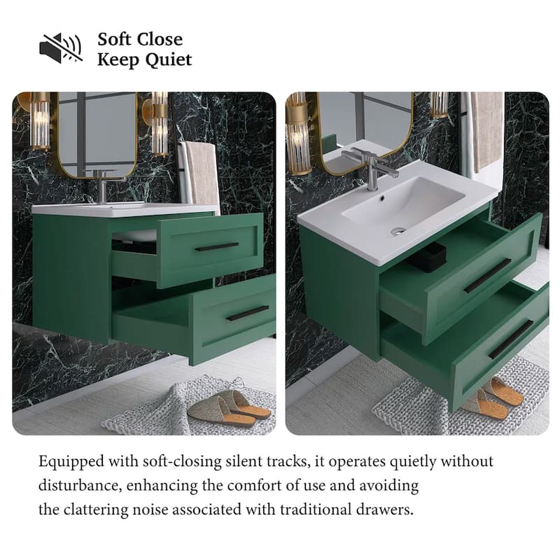 Wall-Mounted Bathroom Vanity in Green with White Ceramic Sink