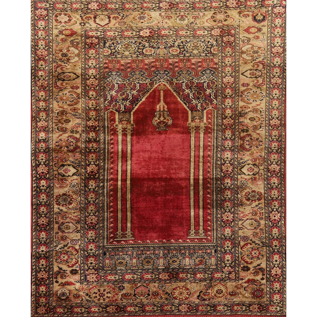 100% Silk Anatolian Turkey Foyer Rug Hand-Knotted Wool Carpet - 4'1" x 5'8"