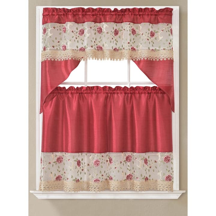 Mindy Floral Embroidered Kitchen Curtain Set, Burgundy, Swag Valance 60x36, Tiers 30x36 Inches - 60x36, Tiers 30x36 Inches - Burgundy