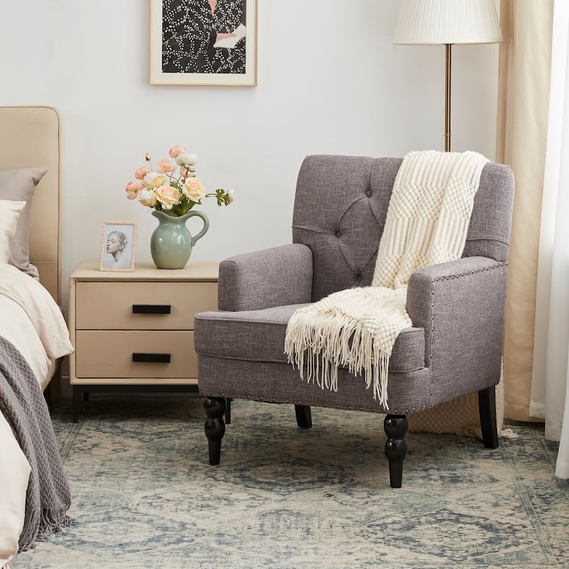Set of 2 Arm Chair Upholstered Button Tufted Accent Chair with Lumbar Pillow Beige/ Grey/ Light Blue
