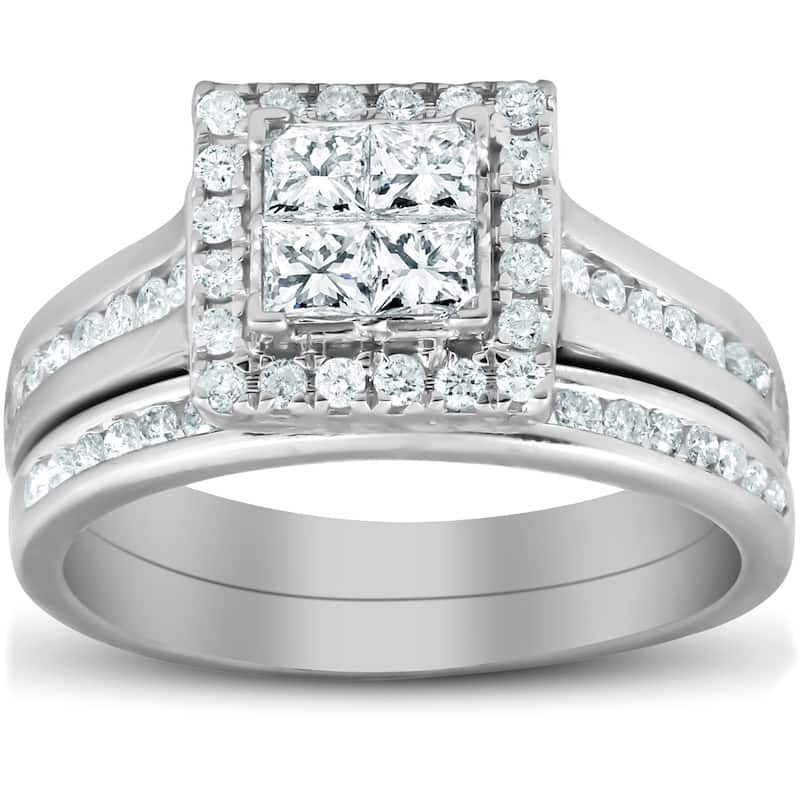 1 Ct TDW Princess Cut Halo Diamond Engagement Wedding Ring Set White Gold