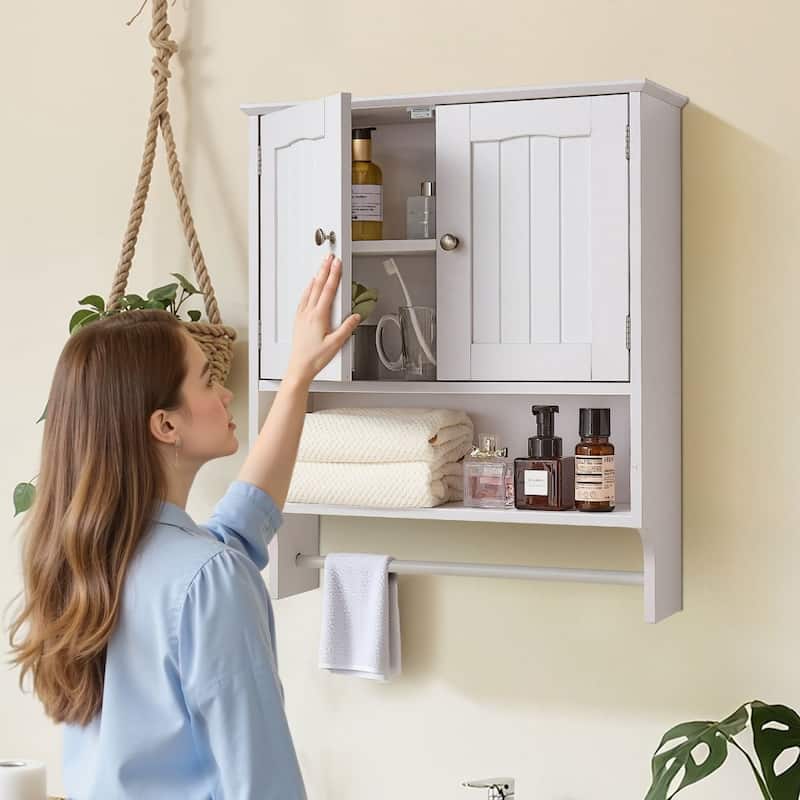 White Wall-Mounted Bathroom Cabinet with Adjustable Shelves and Multi-Layer Storage Towel Bar - 23” x 8” x 27”
