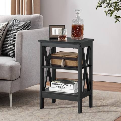 VECELO 3-Tier Open Storage Shelves End Table with X-Cross Frame