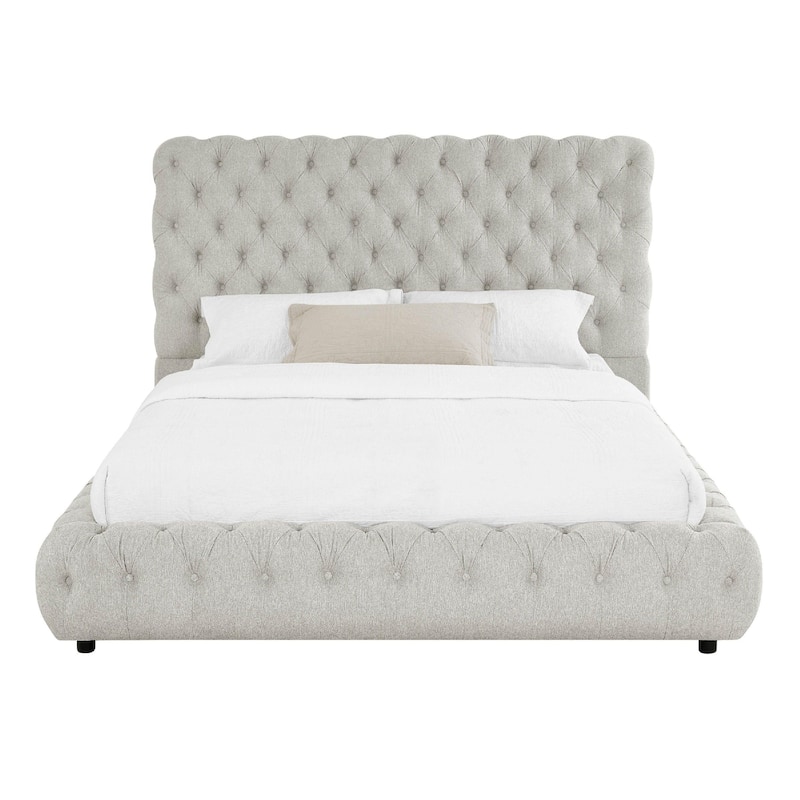 Goy Queen Size Bed, Low Profile, Button Tufted, Gray Fabric Upholstery