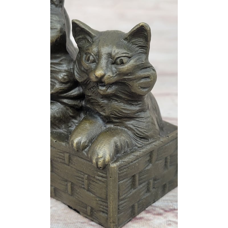 Three Cute Kittens Imitative Cats In A Flower Box - Bronze Sculpture Original Art By Milo