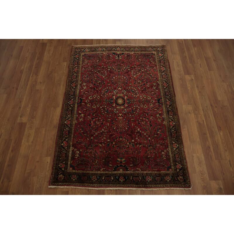 Hand Knotted Oriental 100% Wool Carpet Traditional Floral Red Sarouk Area Rug - 4' 10'' X 3' 4''