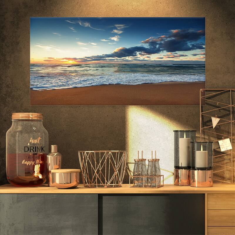 Sunrise and Glowing Waves in Ocean - Seashore Canvas Wall Art