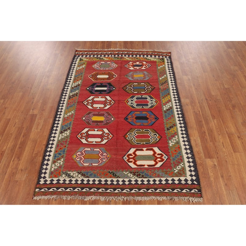 Kilim Qashqai Persian Vintage Rug Hand-Woven Reversible Wool Carpet - 4'1"x 6'0"