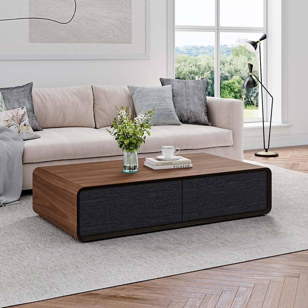 Modern Rectangular Coffee Table, Wood Coffee Table with Storage, 4 Solid Wood Drawers, Fully-Assembled, 51"