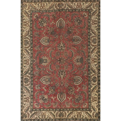 Floral Pink Tabriz Persian Vintage Area Rug Hand-Knotted Wool Carpet - 6'8"x 10'1"