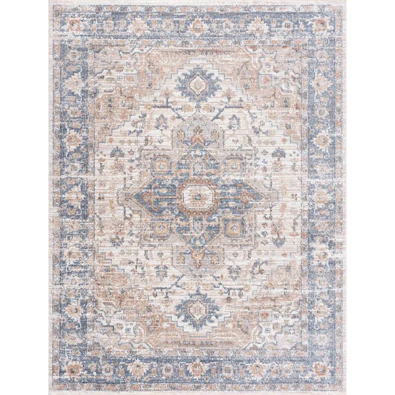 Hauteloom Ezri Hallway, Kitchen Machine Washable Runner Rug - Peach, Off White, Blue - 2'7" x 7'3"