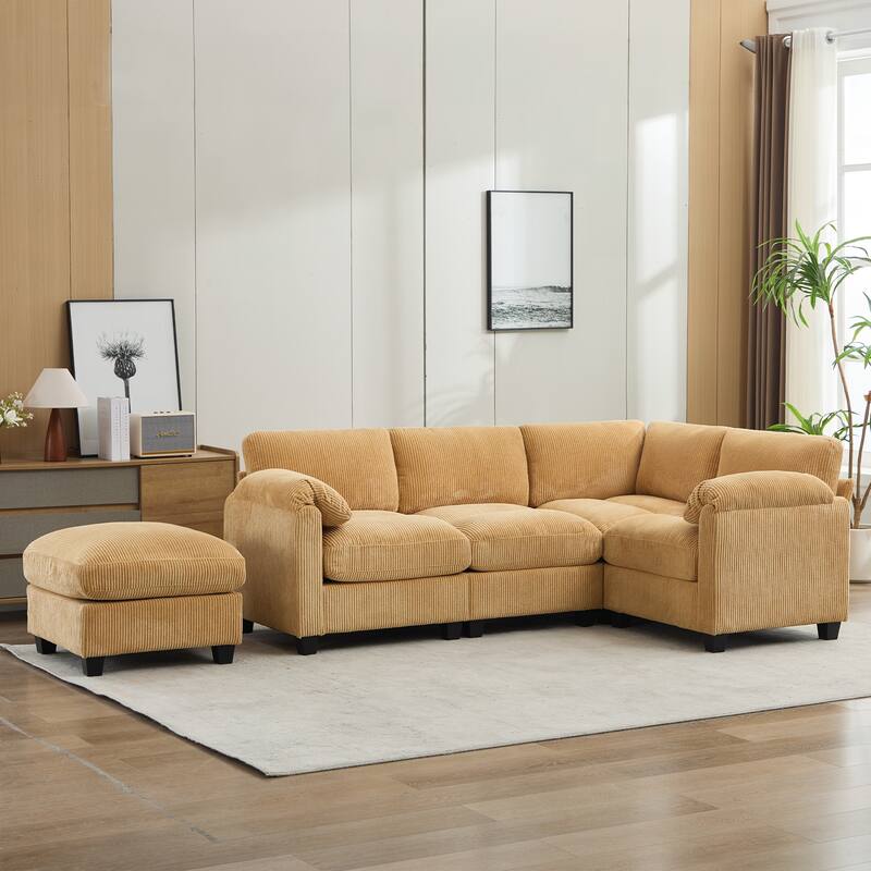 5-Seater Corduroy Sectional Sofa, Removable Ottoman, Modular Design