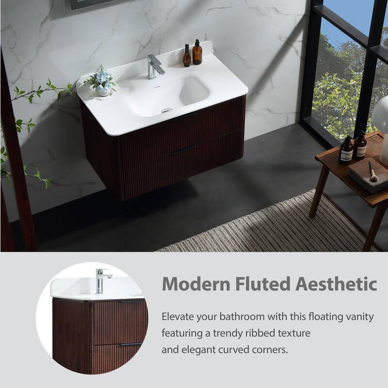 Modland Fluted Floating Vanity with Sink, Plywood Wall Mount Cabinet, Curved Edge, 24/30/36 Inch