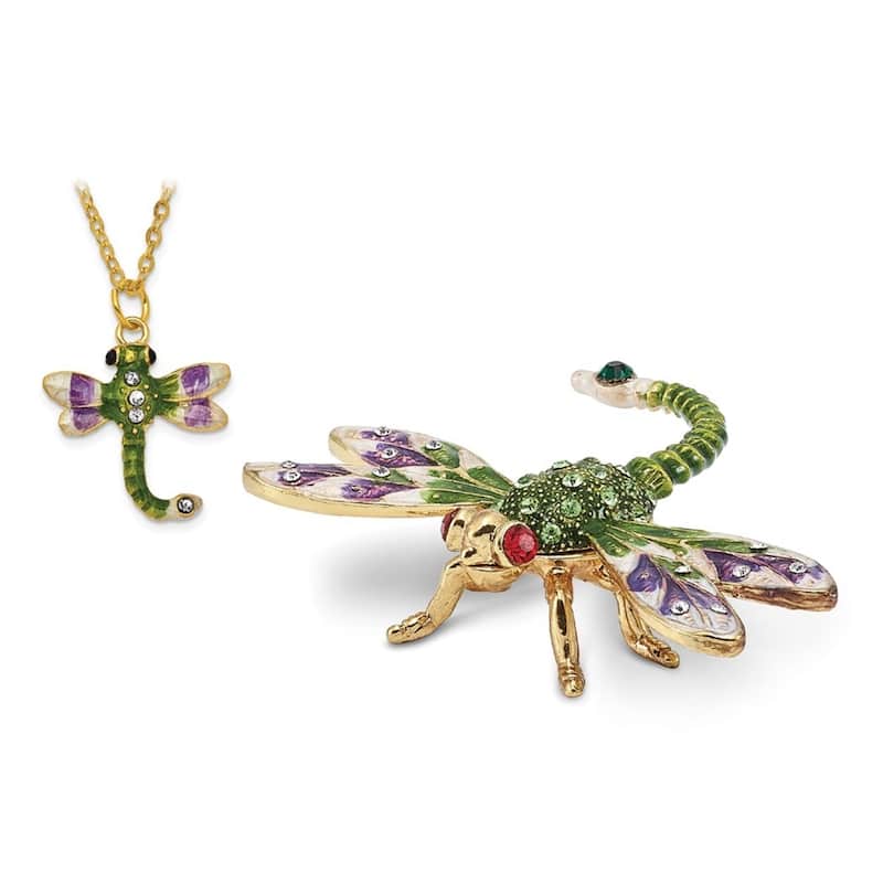 Curata Pewter Bejeweled Crystals Gold-Tone Enameled Dewey Green Dragonfly Trinket Box on 18 Inch Necklace