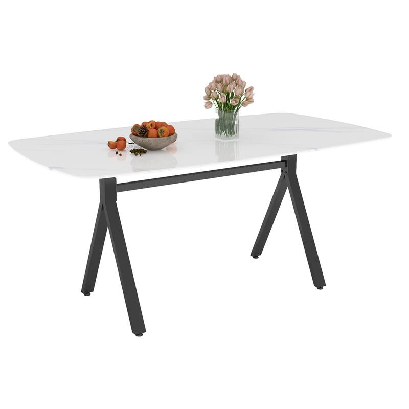 Rectangular dining table featuring a tempered glass tabletop with a marble-patterned design for restaurant dining settings