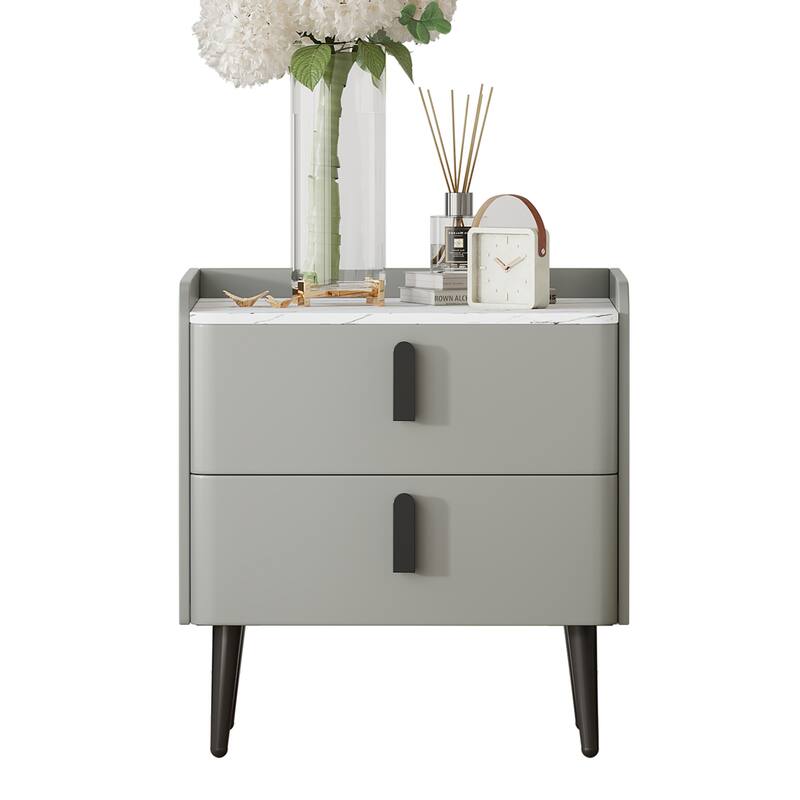 Modern 2-Drawer Nightstand with Marble-Pattern Top - Bedside/End Table for Bedroom/Living Room (Gray)