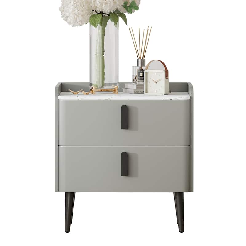 Roomfitters Modern Nightstand with 2 Drawers and Marble-Pattern Top, Bedside or End Table for Bedroom and Living Room