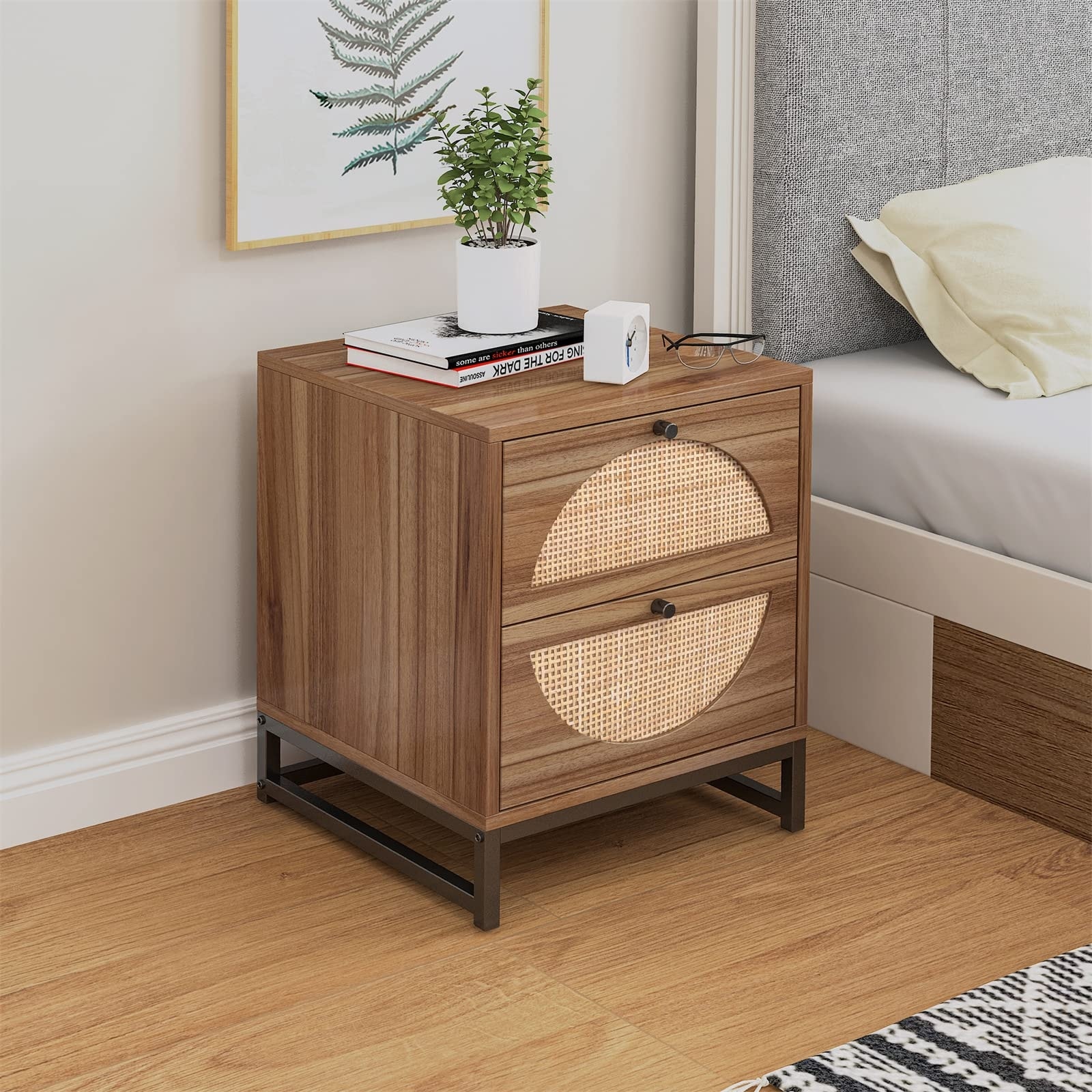 Walnut Nightstand with 2 Drawer Side Table for Small Spaces End