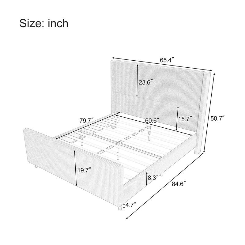Queen Size Corduroy Bed with Wingback and High Footboard