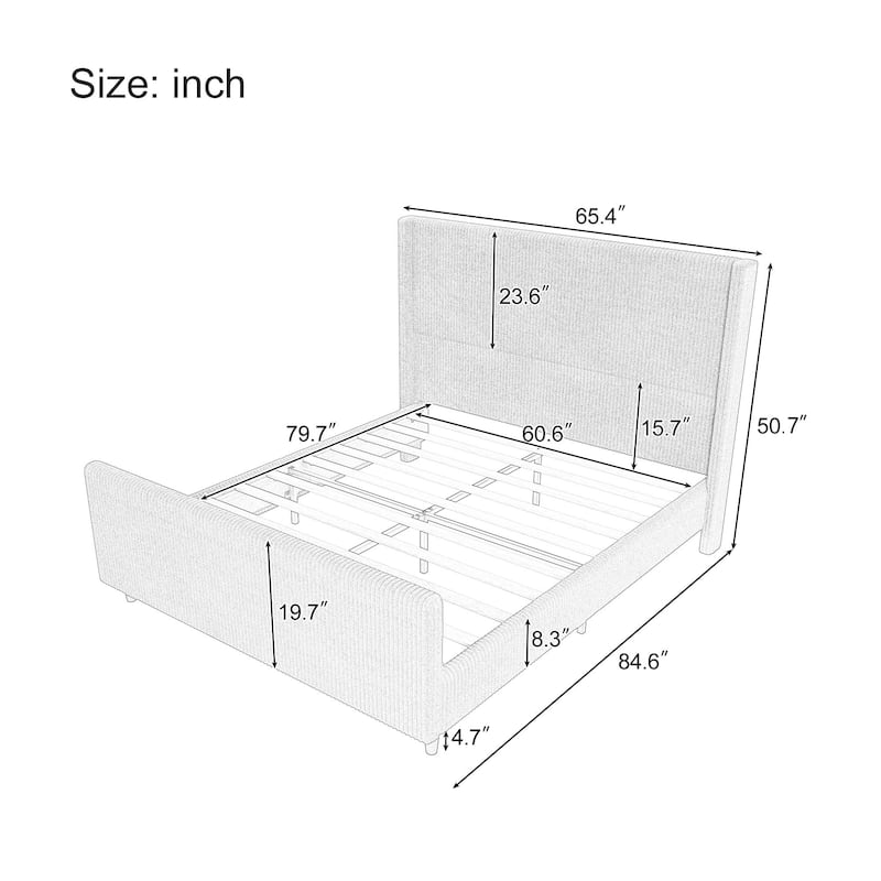 Queen Size Platform Bed Vertical Stripe Wingback Bed Taupe Corduroy Upholstered Frame Low Profile Slat Bed with Footboard