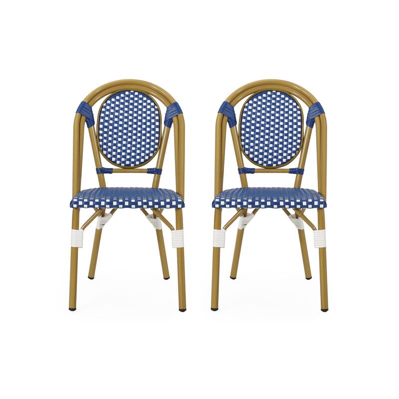 Remi Outdoor French Cafe Style Chairs (Set of 2) by Christopher Knight Home - Blue + White + Bamboo Print Finish