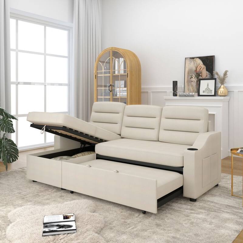 Convertible Sofa Bed Polyester Pullout Bed with Storage Recliner and Cup Holder
