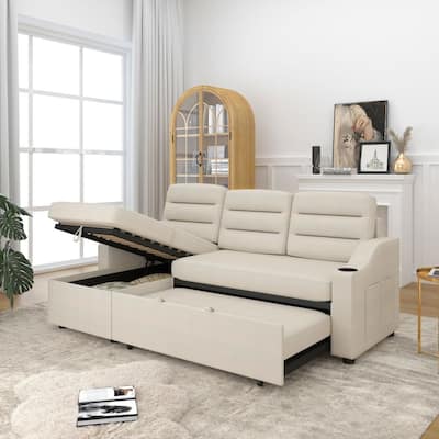 Convertible Sofa Bed Polyester Pullout Bed with Storage Recliner and Cup Holder