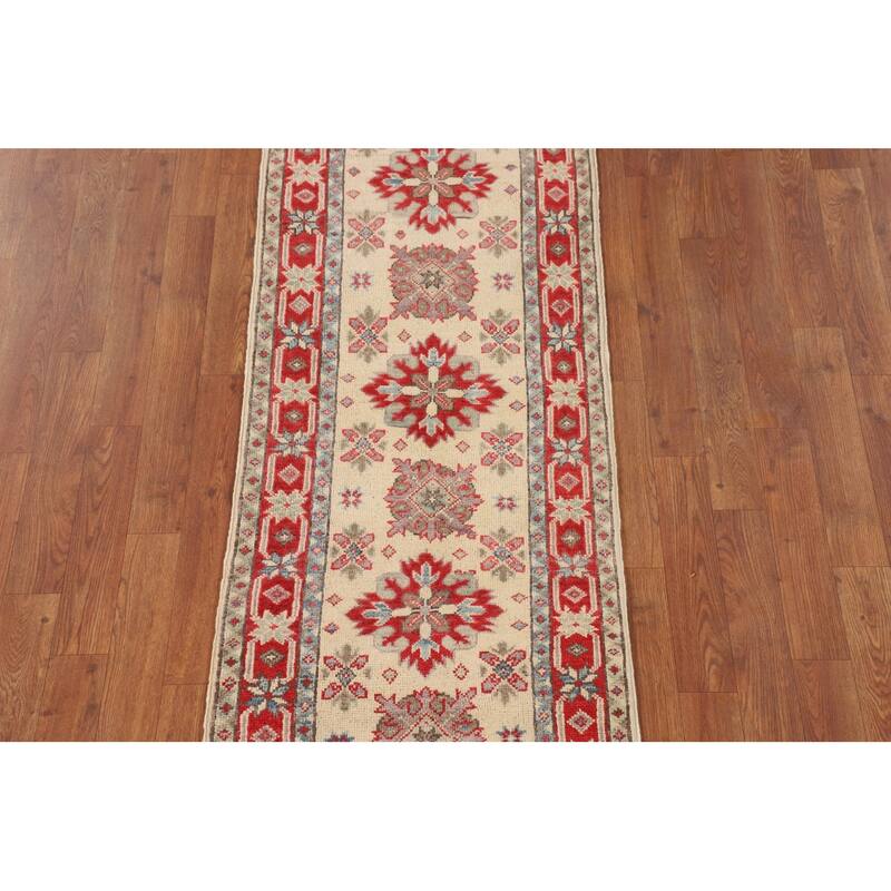 Geometric Kazak Oriental Runner Rug Handmade Beige Wool Carpet - 2'0" x 5'9"
