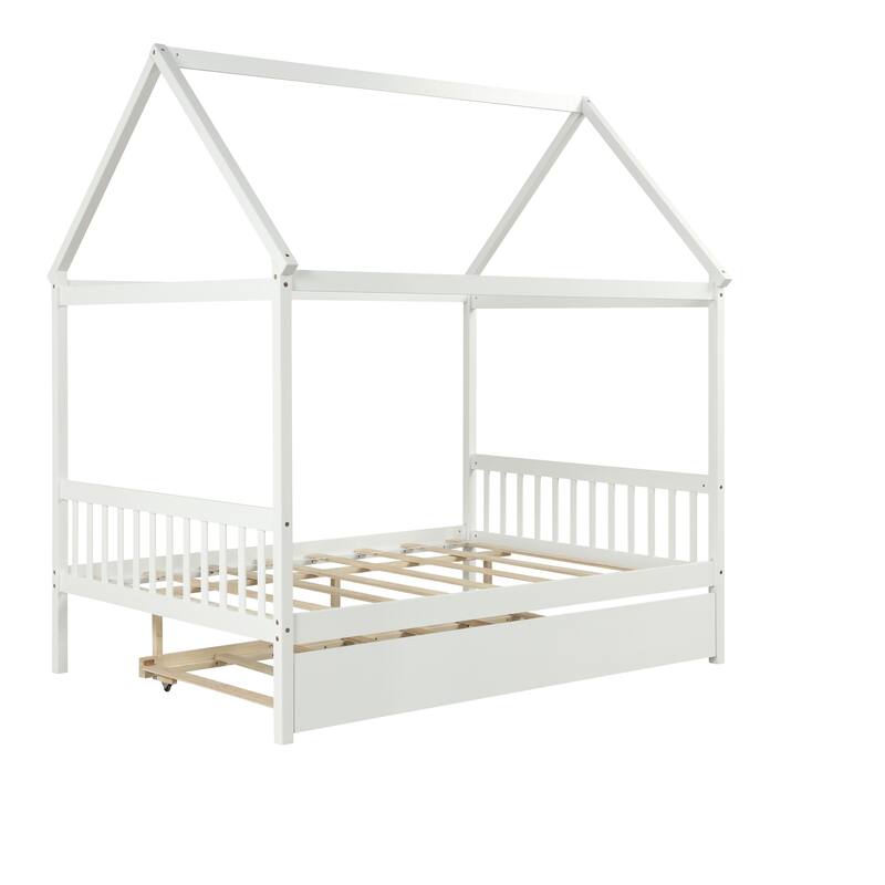 Full Wood House Bed with Trundle & Roof