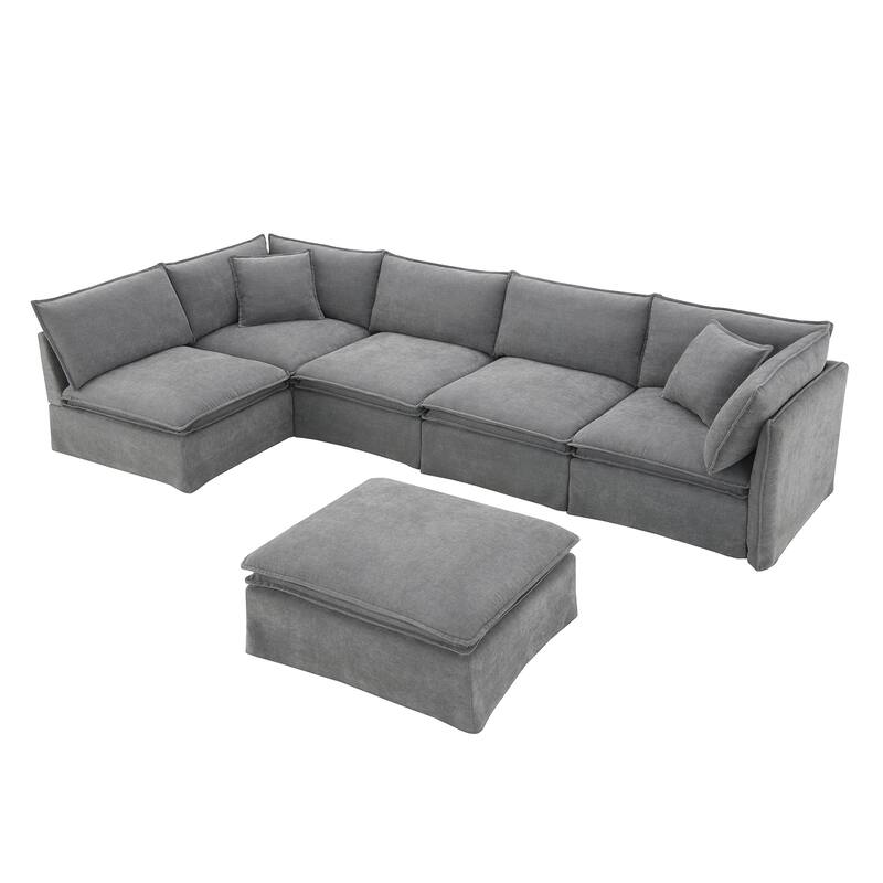 125.5" Chenille Modular 6-Seat Sectional Sofa with Movable Ottoman, Cloud Foam Cushions, and Free Combination Design