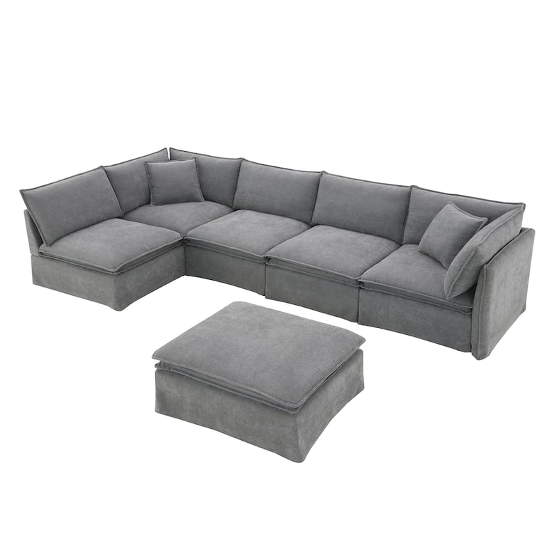 L Shape Modular Sectional Sofa with Ottoman, Oversized Chenille Upholstered 6-Seat Sofa, High Density Sponge Corner Sofa